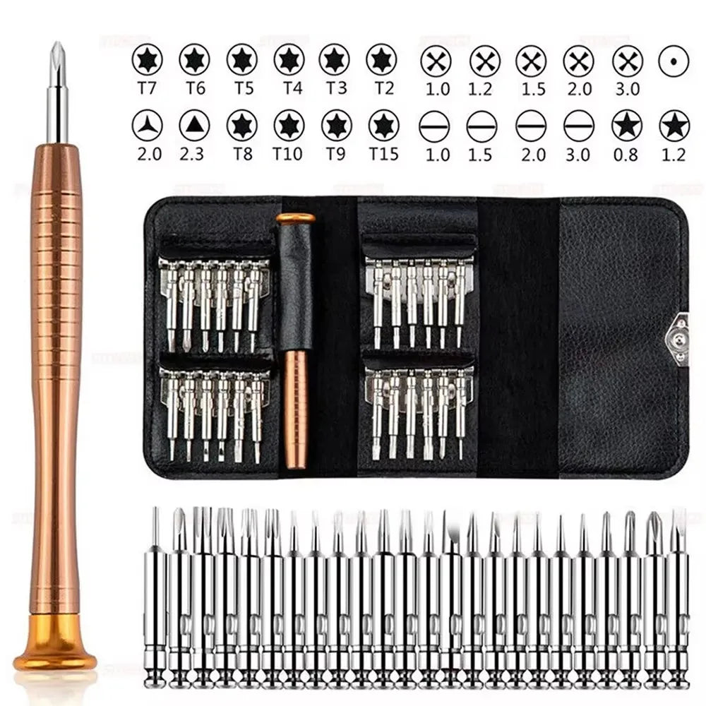 Set of screwdrivers and bits in a black case with measurements displayed.