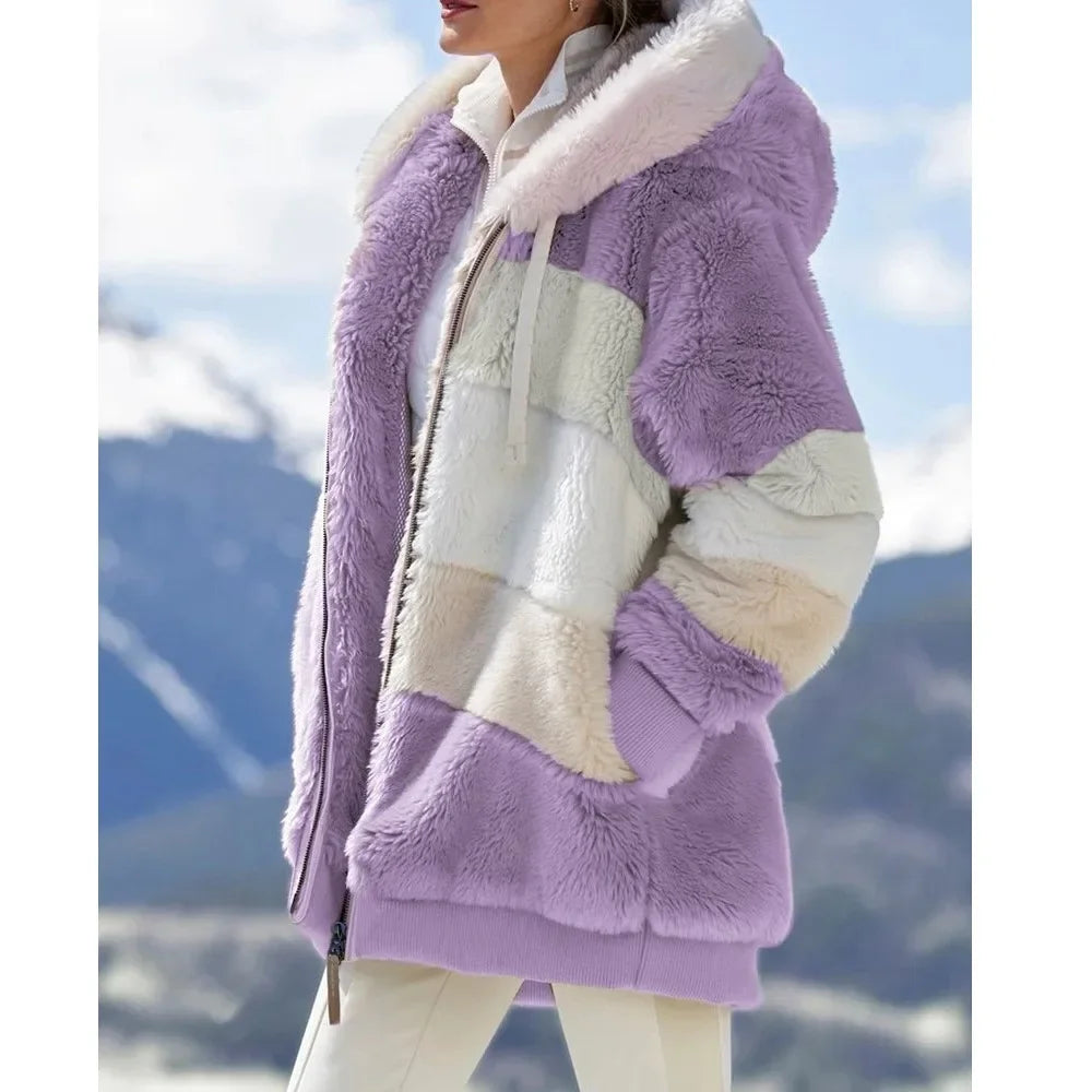 Faith Winter Fashion Women's Hooded Thick Cashmere Coat with Plaid Stitching- purple