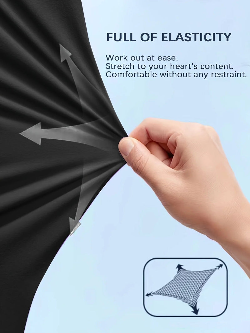 Hand stretching black fabric with text about elasticity on a light blue background