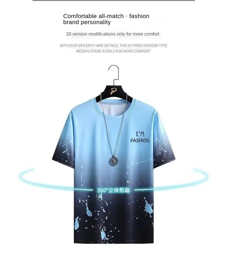 Blue gradient t-shirt with text on a hanger against a white background
