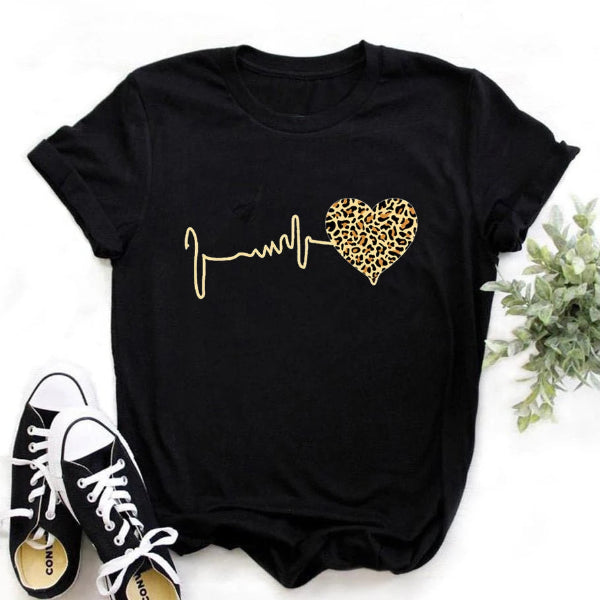 Women's 90s leopard heartbeat graphic t-shirt in short sleeves, Harajuku style black