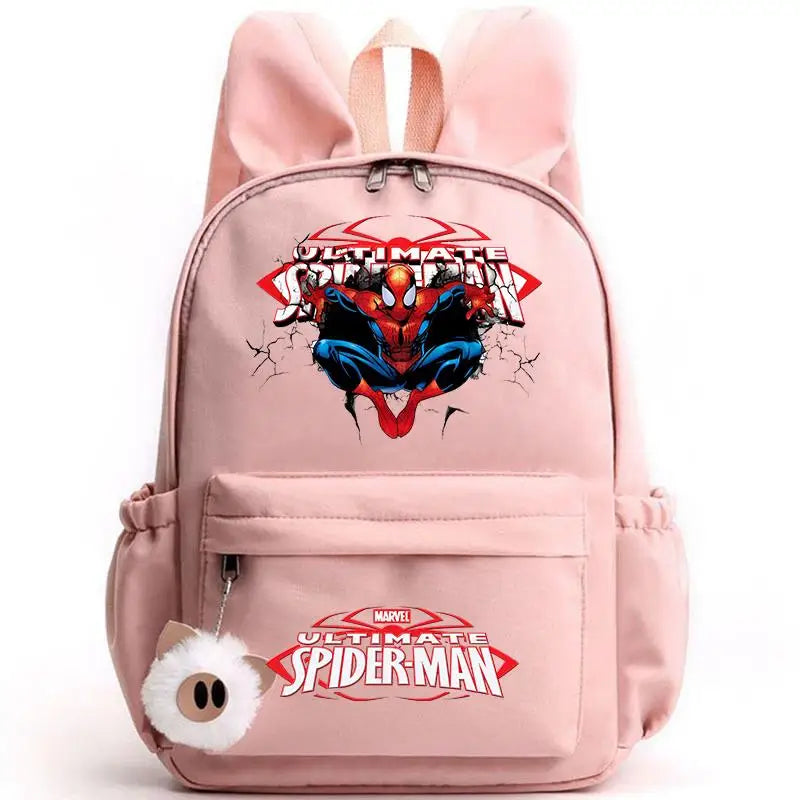 Pink backpack with Ultimate Spider-Man design on a white background