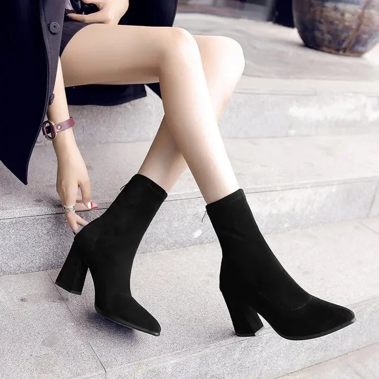 Women’s ankle chunky high heel Chelsea boots in frosted suede with pointed toe and warm sock fit,- 2