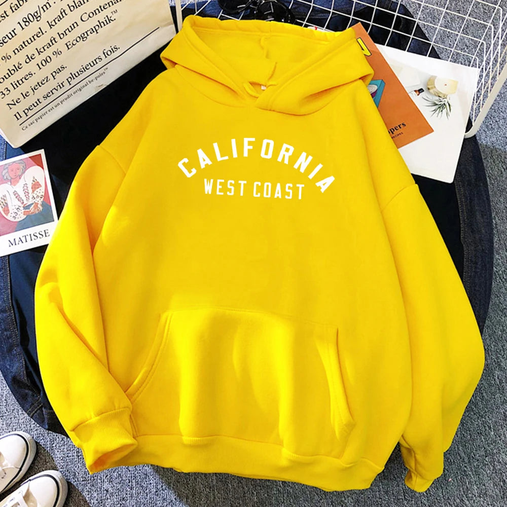Women's California West Coast loose hoodie with creative pattern and fleece lining -yellow 4