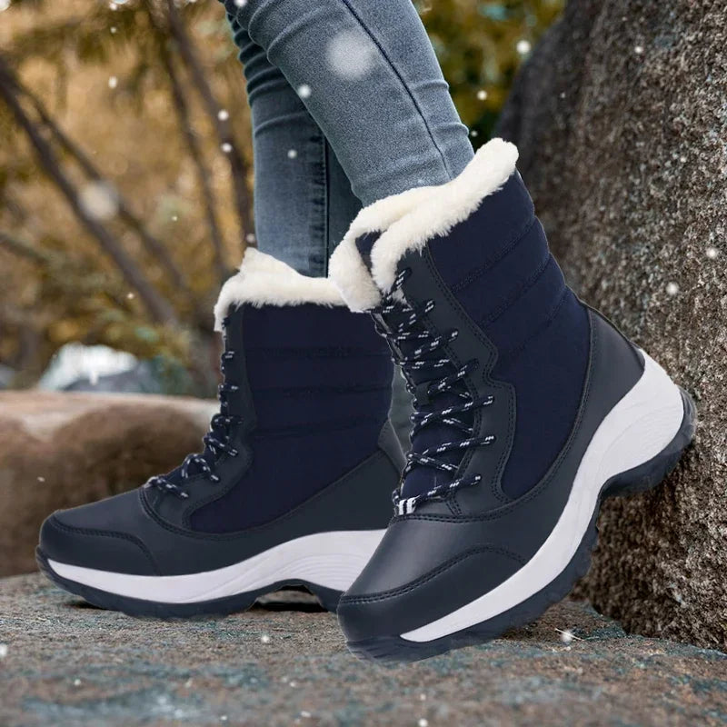 .  Boots for Women Platform Outdoor Snow Boots Non-slip Winter Walking Shoes Fur Warm Ankle Boots Wedge Waterproof Thigh High Boots blue 1