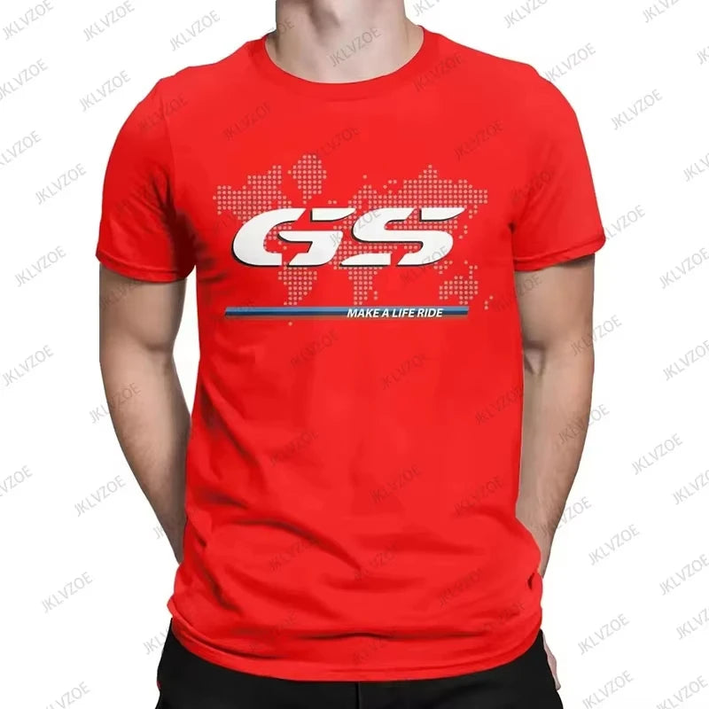 Red t-shirt with 'GS' logo and text on a white background