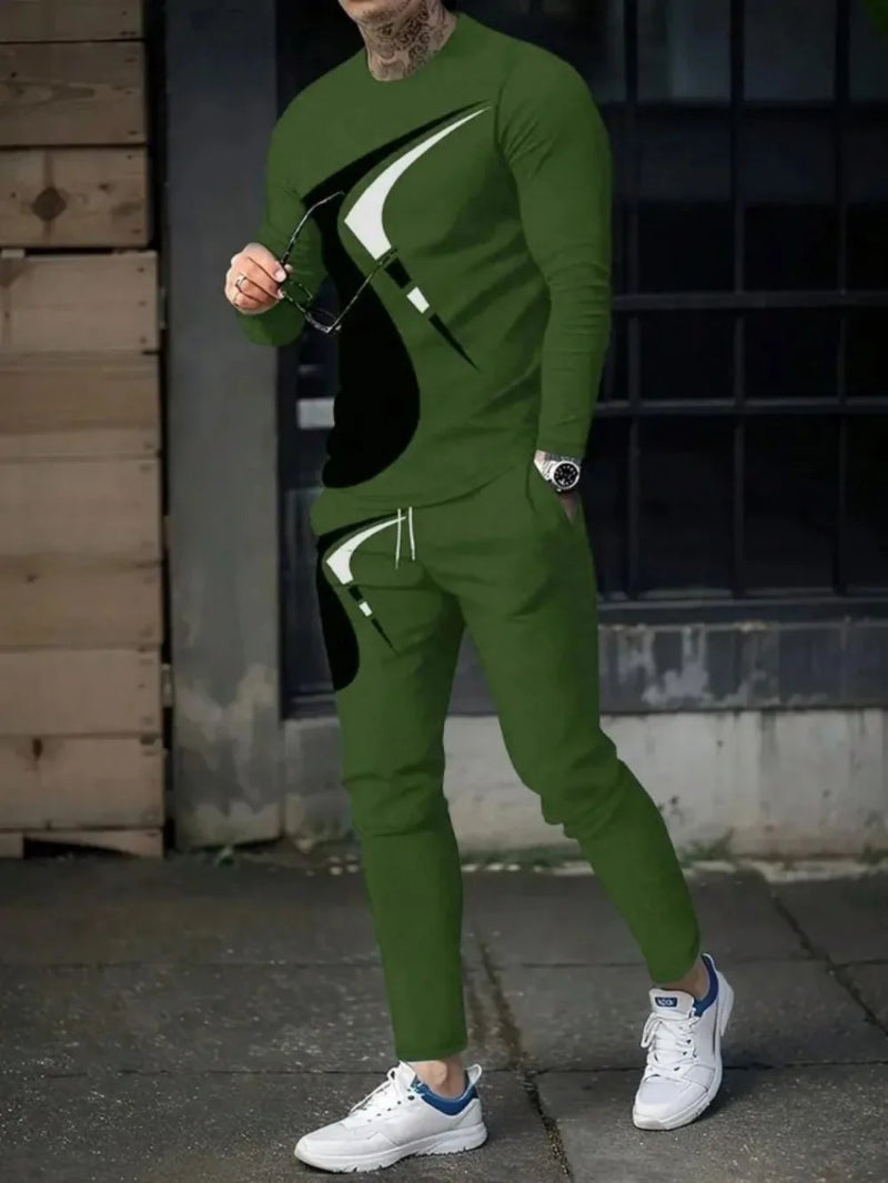 Person wearing a green tracksuit with white accents in an urban setting.