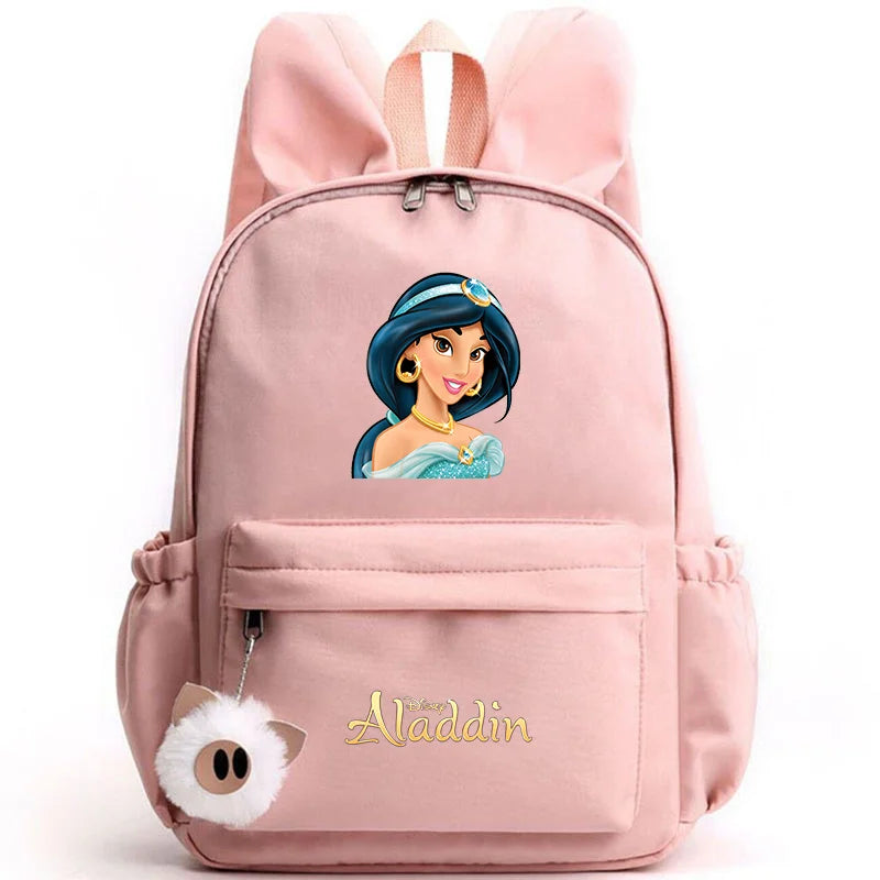 Pink backpack with Princess Jasmine design on a white background