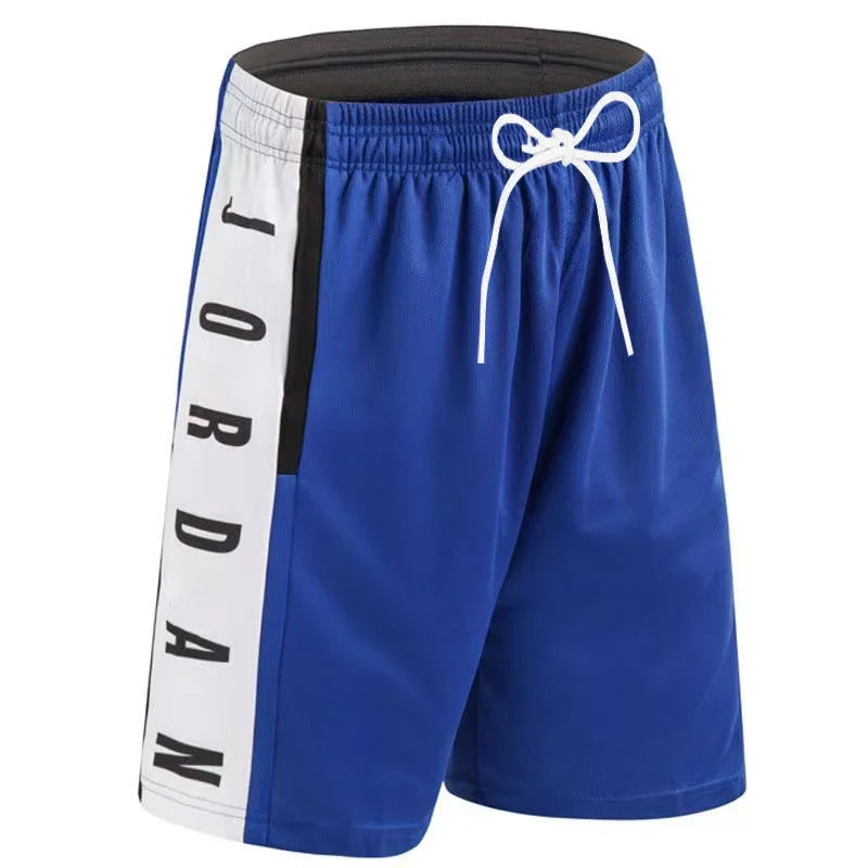 Blue shorts with a white Jordan logo on a white background
