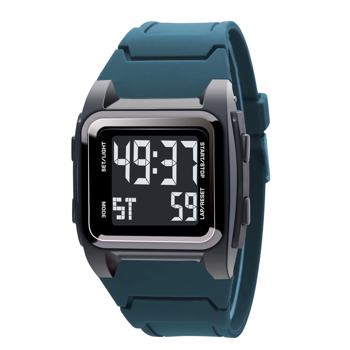 Digital watch with a blue strap on a white background