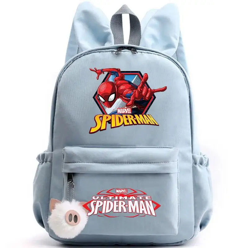 Light blue backpack with Spider-Man design on a white background