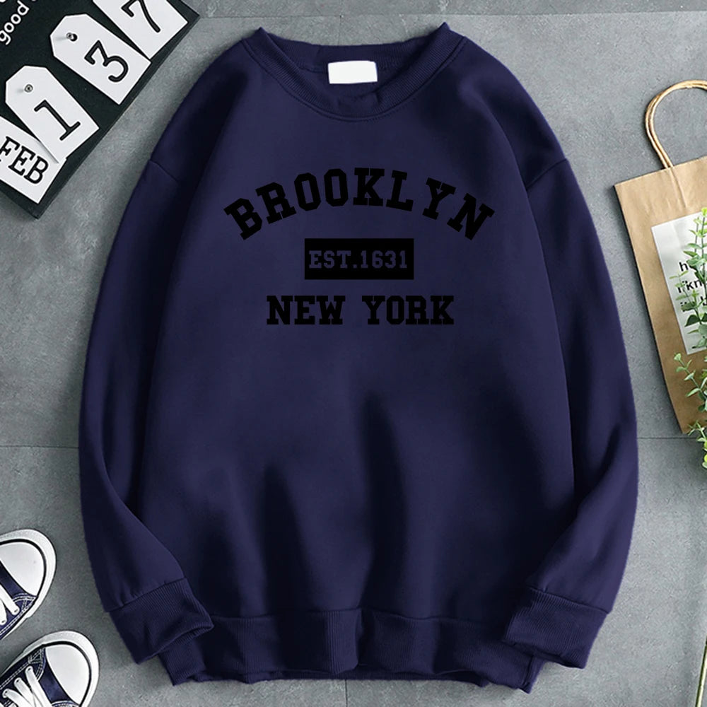 Women's Brooklyn 1631 letter print hoodie in soft fleece, gray pullover - dark blue