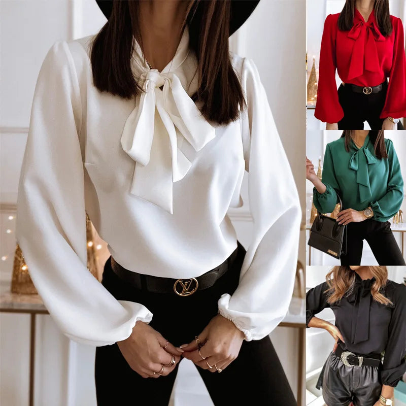 White blouse with a bow tie worn by a person, displayed in different color options.