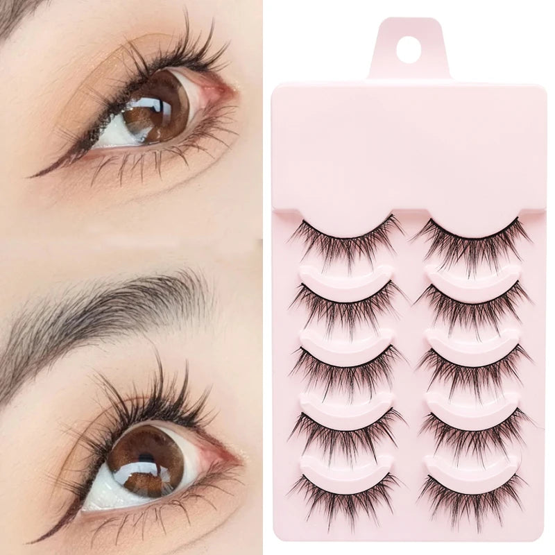 False eyelashes worn and displayed in a pink packaging case.