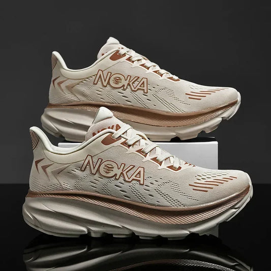 Pair of Noka running shoes on a reflective surface with a dark background