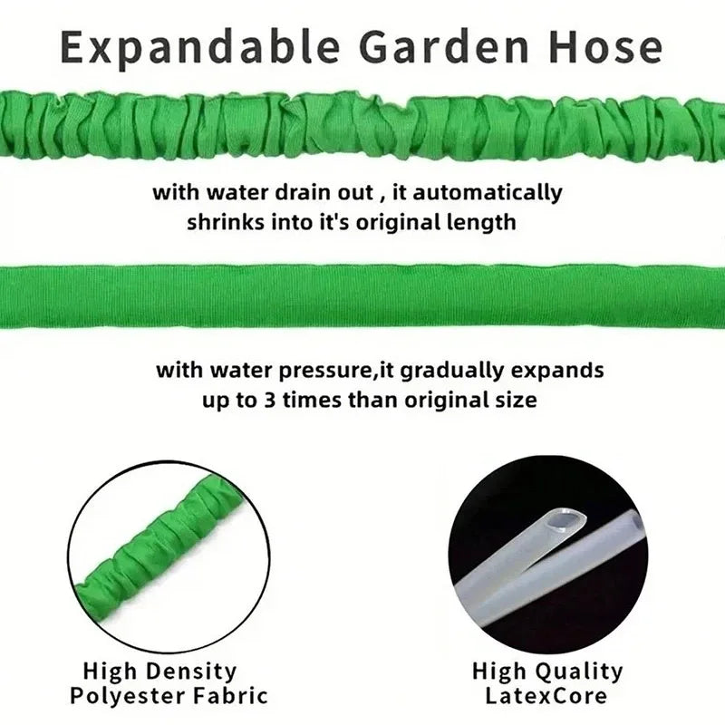 Flexible expandable garden hose with high-pressure water gun attachment. - garden hose
