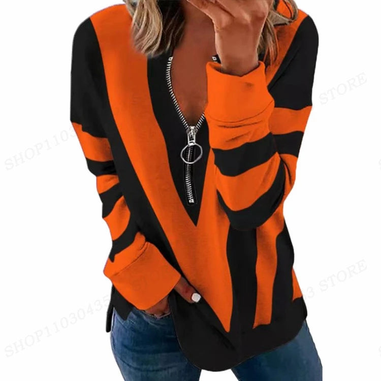 Women's Y2K oversized zip-up hoodie with geometric star pattern and crewneck design - orange black
