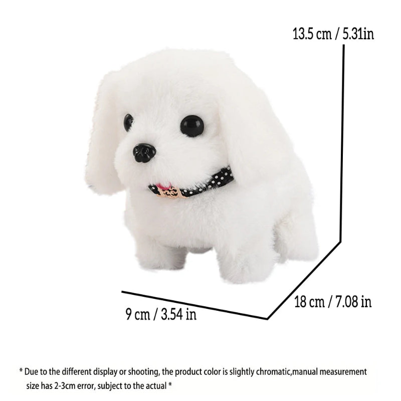 White plush dog toy with measurements on a white background