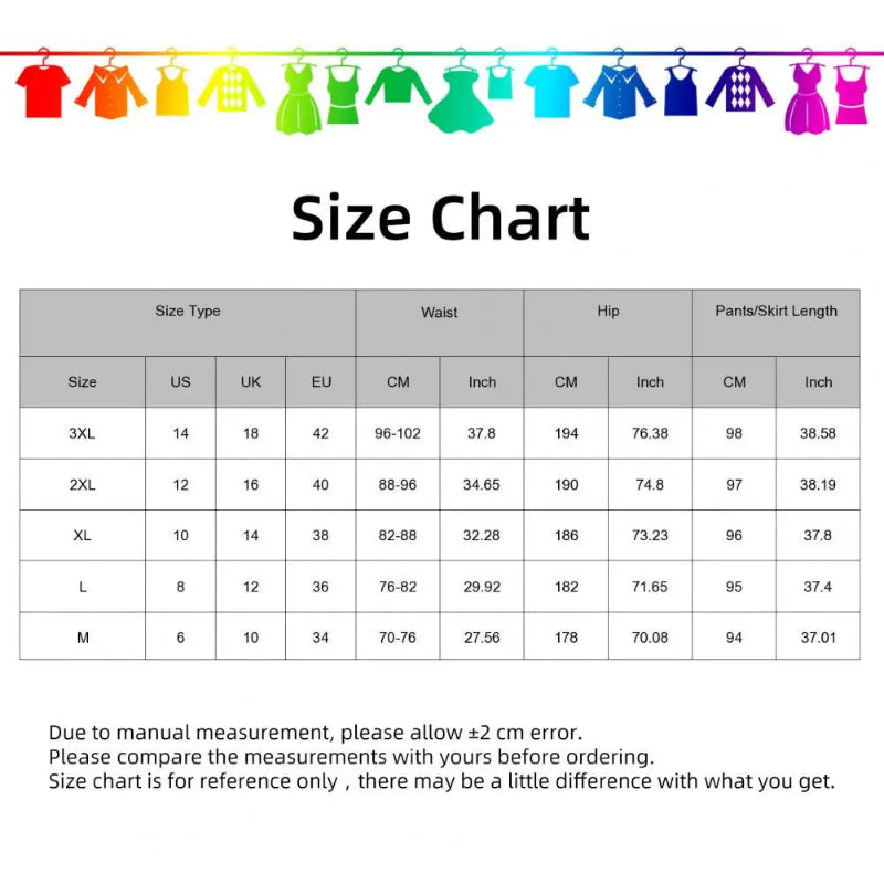 Size chart for clothing with color-coded garments on a line above it