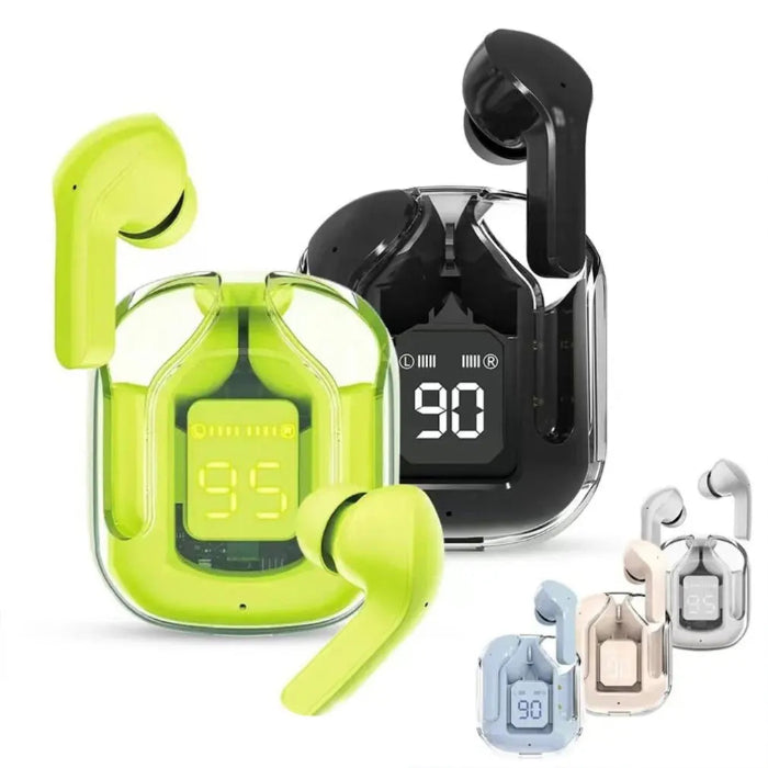 TWS wireless Bluetooth earbuds with transparent case, LED display, ENC mic, and stereo sound- green