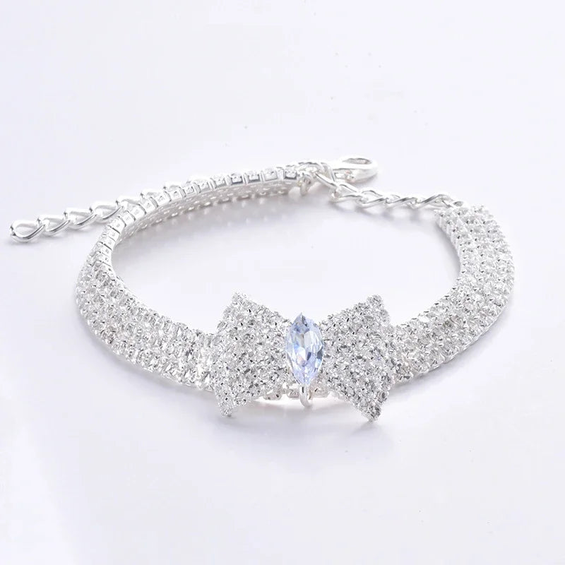 Adjustable Pet Necklace Cat Dog - silver bow