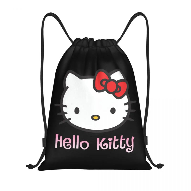 Custom Hello Kitty Cat Drawstring Backpack - black white