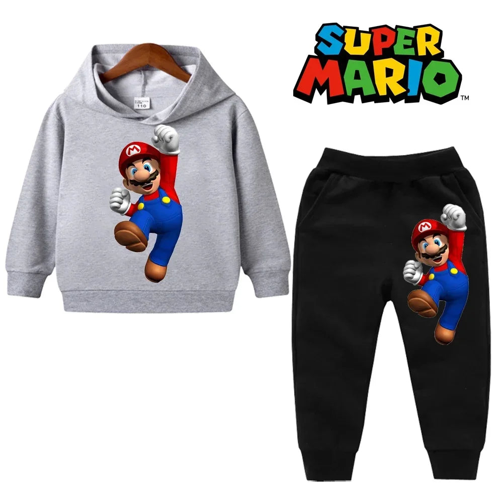 Gray hoodie and black pants with Super Mario character design on a white background