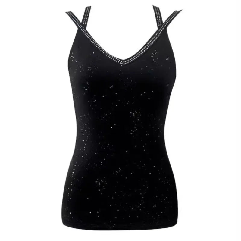 Black tank top with thin straps and sparkling details on a white background