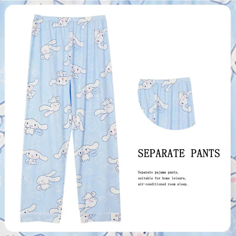 Light blue pajama pants with cartoon dog pattern on a light blue background