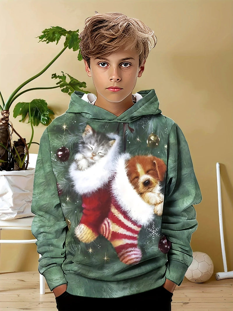 A boy wearing a black hoodie with a 3D print of a toy bear wearing sunglasses.