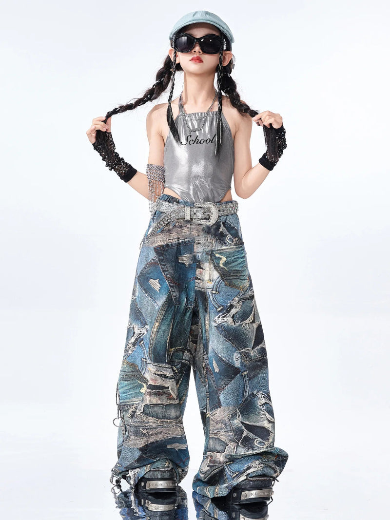 Person wearing a silver top and camouflage pants with a white background