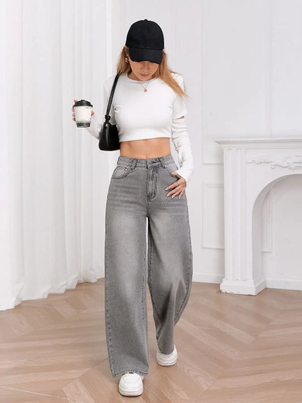 Women’s washed sky gray wide leg relaxed fit trendy denim jeans 0008
