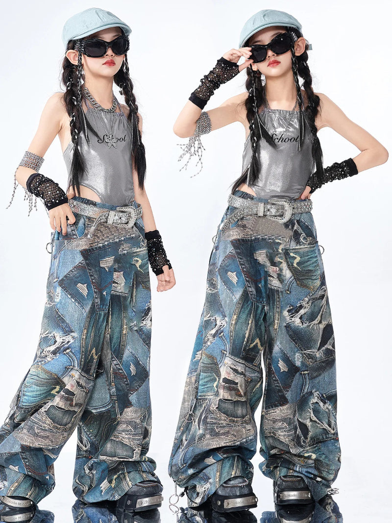 Two images of a person wearing a stylish outfit with camouflage pants and a belt.