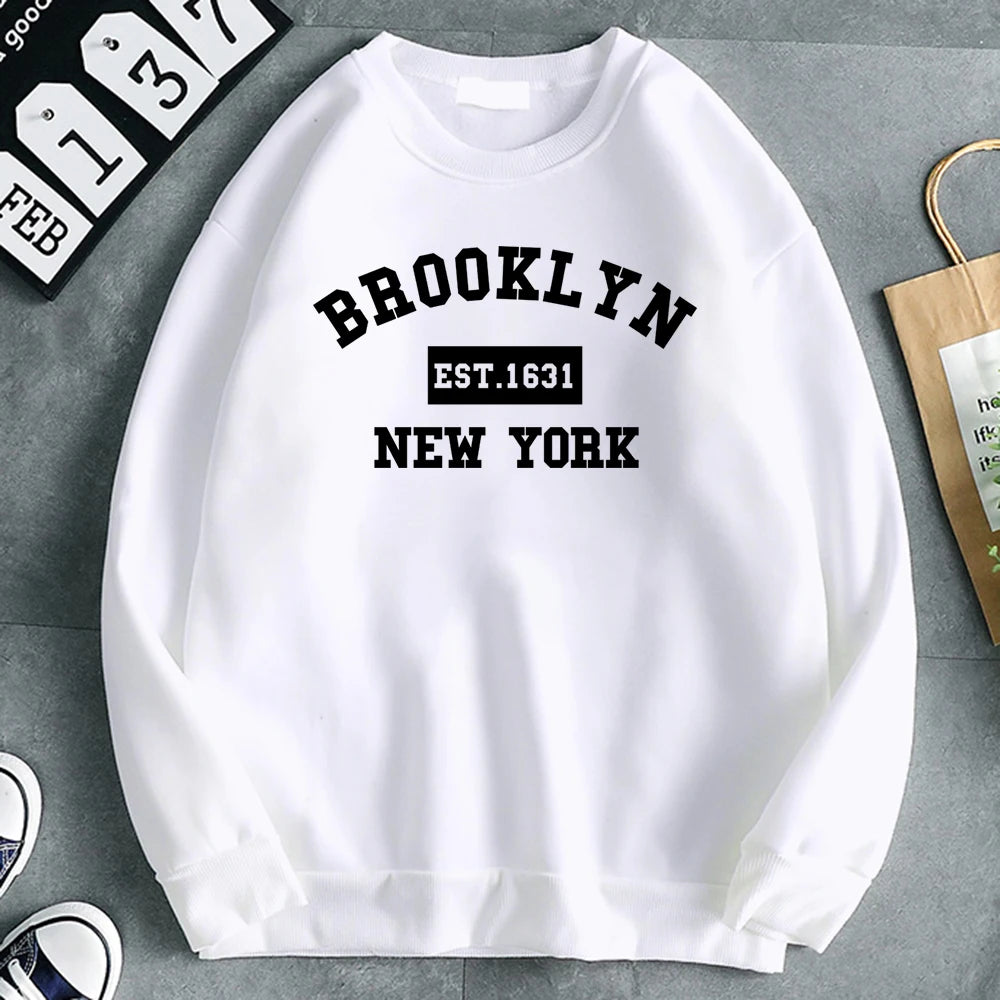 Women's Brooklyn 1631 letter print hoodie in soft fleece, gray pullover- white