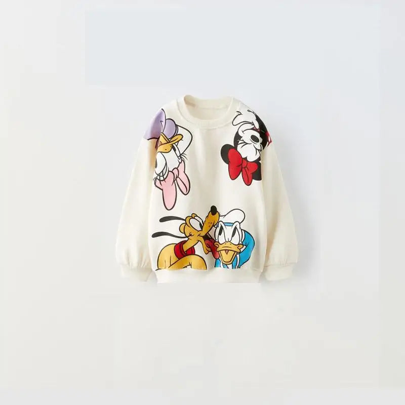 Sweatshirt with cartoon character designs on a white background