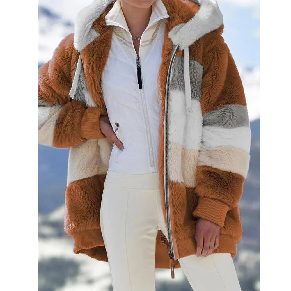Faith Winter Fashion Women's Hooded Thick Cashmere Coat with Plaid Stitching - 3rd caramel