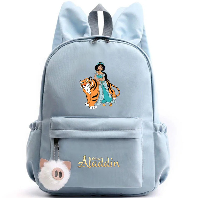 Light blue backpack with Aladdin and Jasmine design on a white background