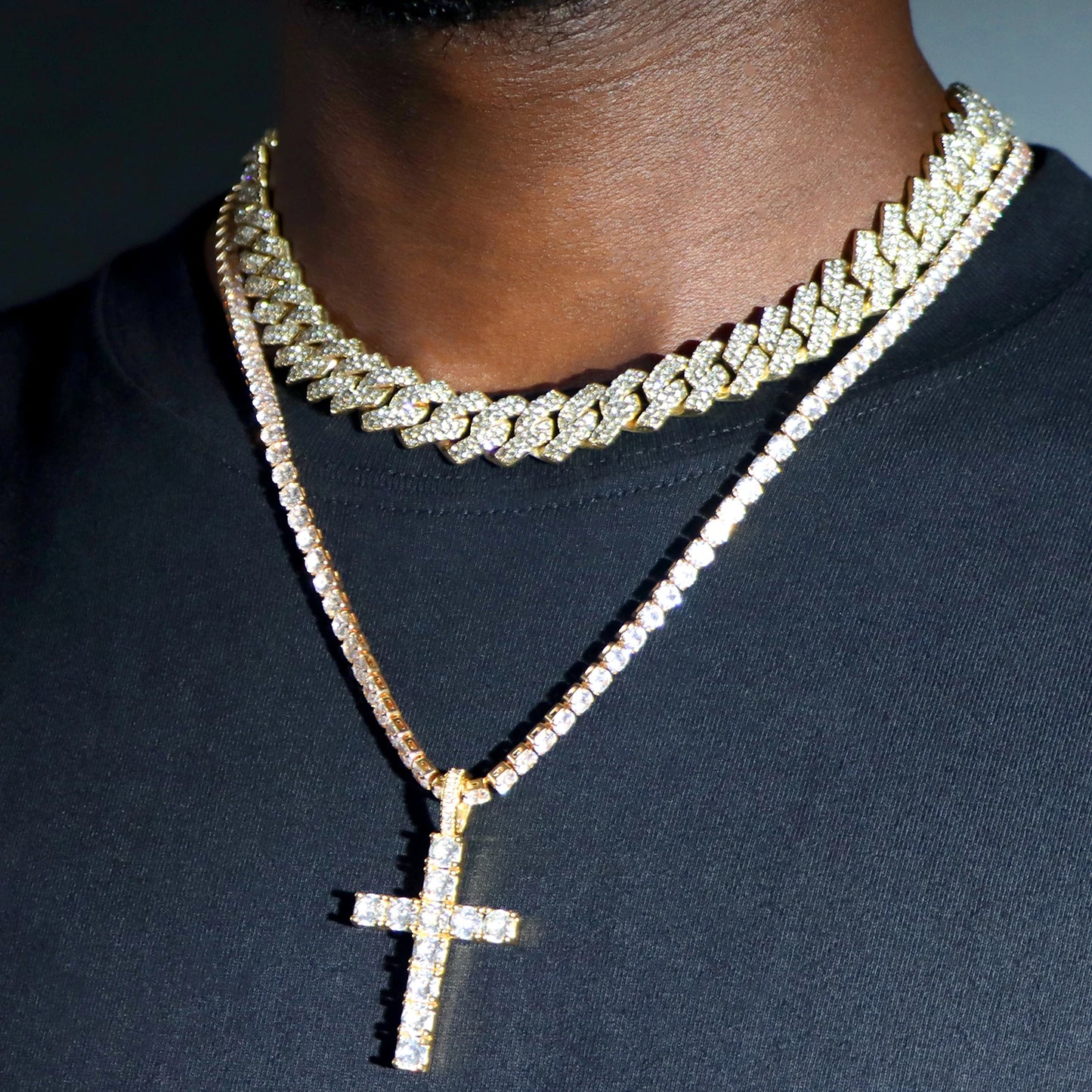 2pcs iced out hip hop Cuban chain and cross tennis necklace for men and women - 03