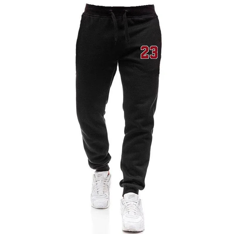 Black sweatpants with red number 23 on a white background