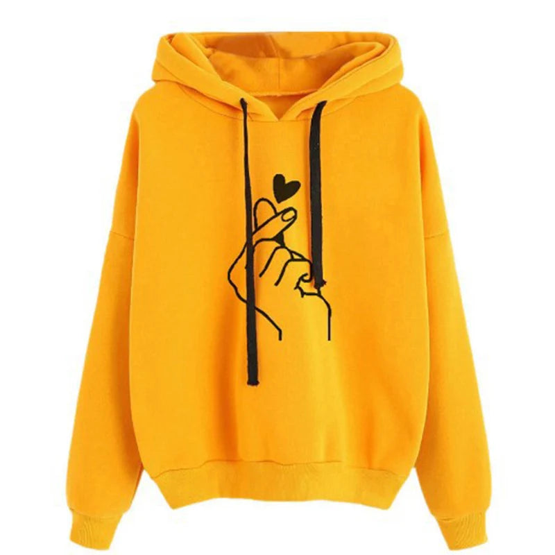 Yellow hoodie with black graphic design on a white background