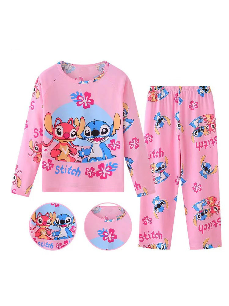 Pink children's pajama set with 'Stitch' character on a white background