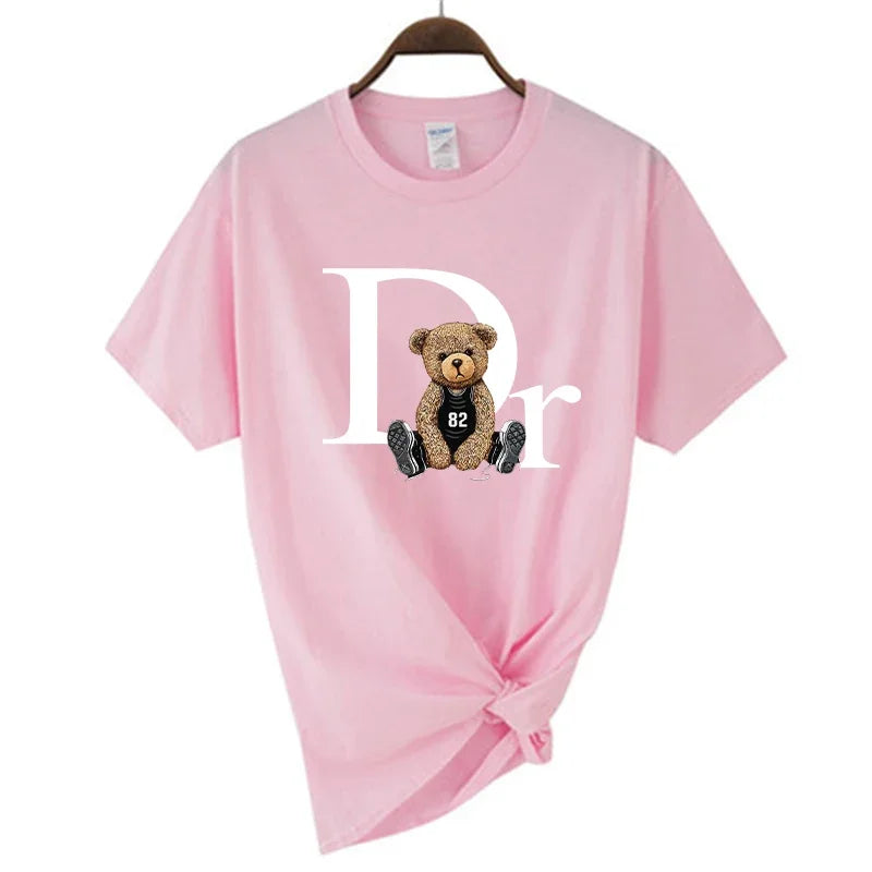 Luxury brand-inspired women’s T-shirt with cute bear print graphic, perfect for casual summer fashion wear. pink