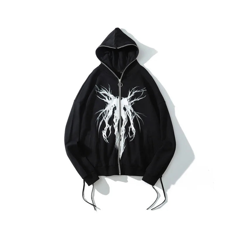 Gothic Graphic Print Zip-Up Hoodie for Women – Casual Long Sleeve Streetwear Sweater - 03