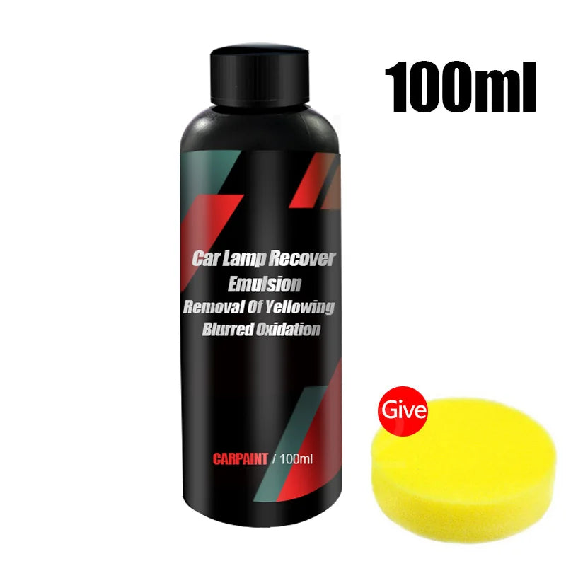 Bottle of car lamp recover emulsion with a yellow sponge on a white background