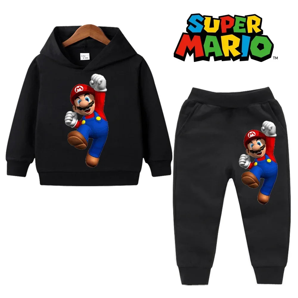 Black hoodie and pants set with Super Mario character on a white background, featuring the Super Mario logo.