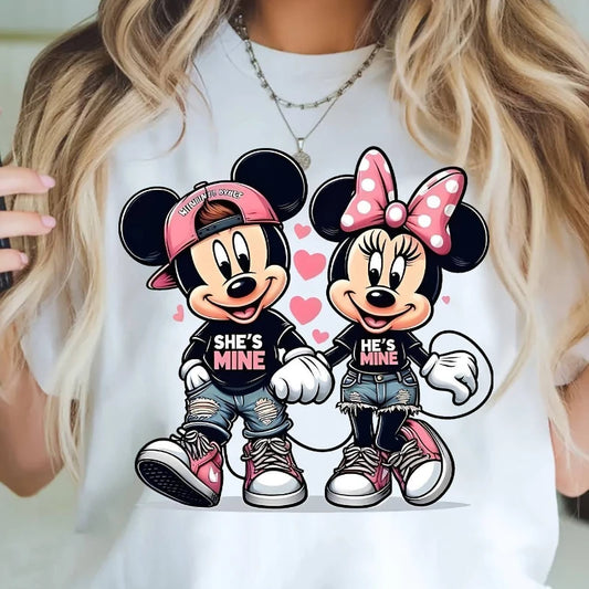 Women’s loose Mickey and Minnie cartoon printed short‑sleeve autumn/winter T‑shirt white
