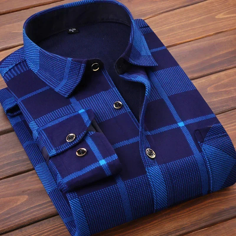 2024 men's thick warm plaid shirt with long sleeves in large 4XL size - blue blocks