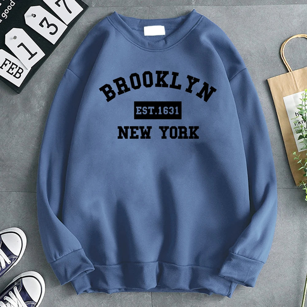 Women's Brooklyn 1631 letter print hoodie in soft fleece, gray pullover - blue