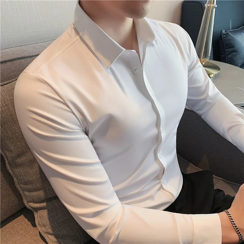 Plus size men’s seamless long sleeve slim fit shirt in high elasticity fabric, available from M to 4XL, suitable for casual and formal occasions. - 10