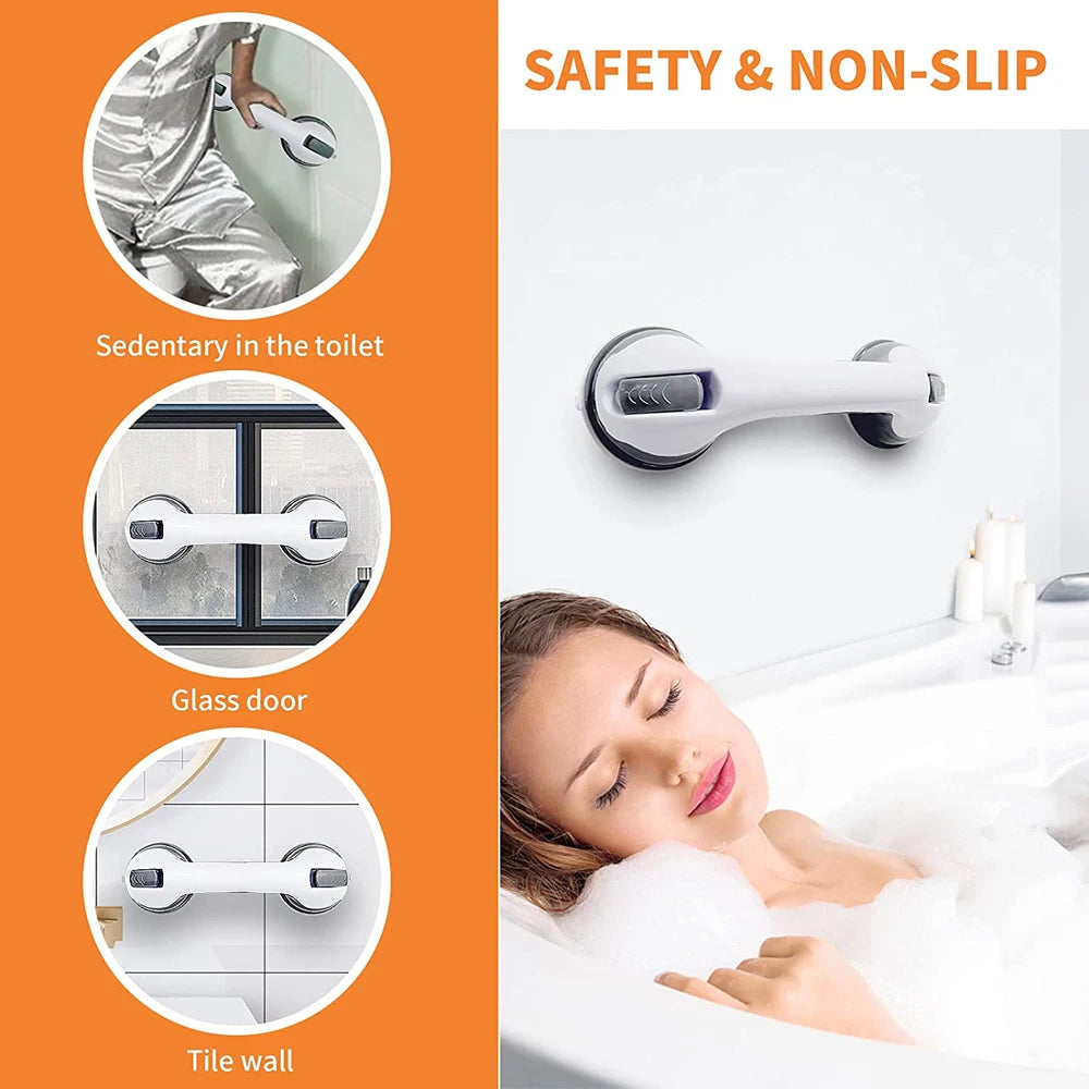 Bathroom shower grab bars with ultra-grip dual locking suction cups for anti-slip safety and support. safety
